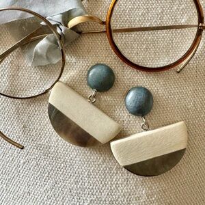 NWT Modern Wood and Mother of Pearl Half Circle Drop Earrings